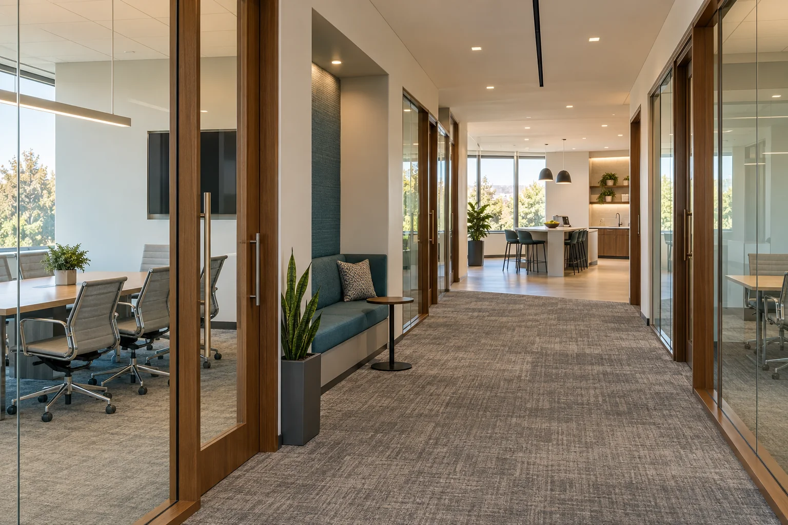 Carpeted office corridor with glass meeting rooms