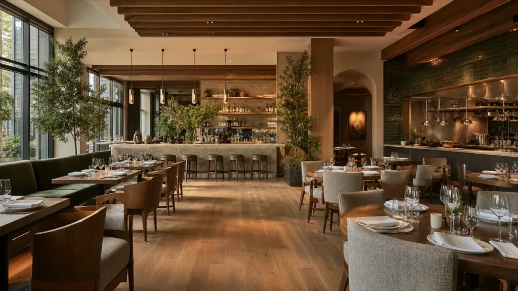 Premium empty Redwood City restaurant dining interior