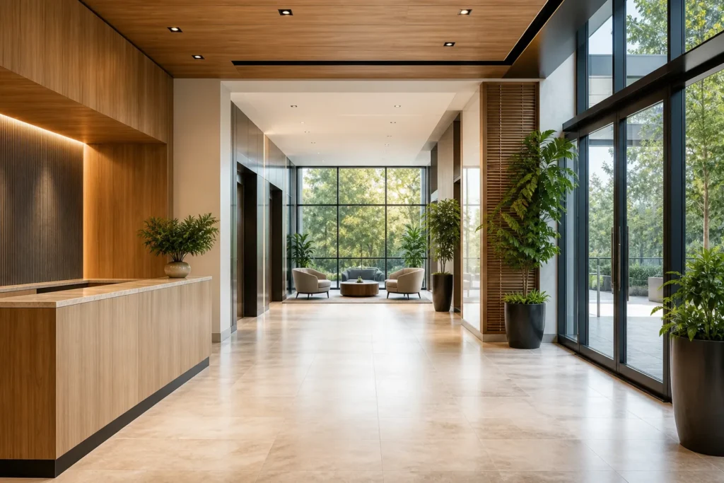 Warm modern Redwood City commercial lobby maintained for daytime use