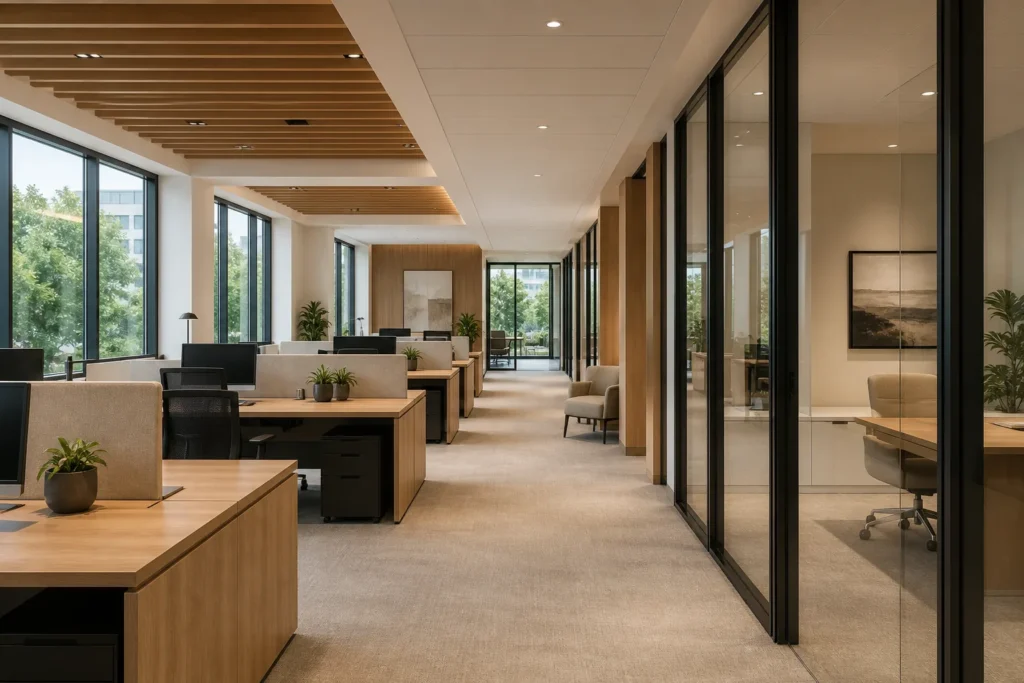 Warm modern Redwood City office interior prepared for recurring cleaning